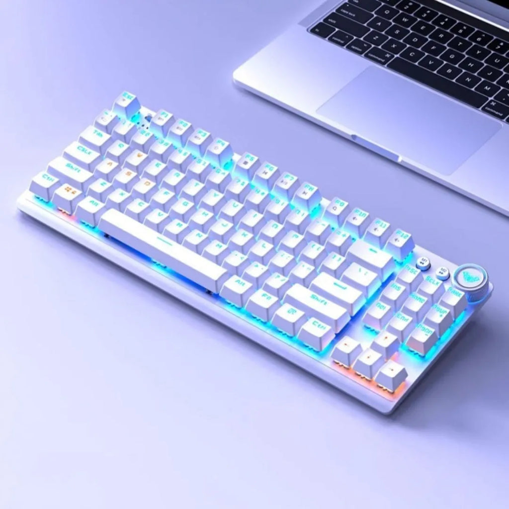 Tarantula wireless mechanical keyboard with side-engraved keycaps showing Bluetooth connectivity indicator and compact 356mm metal design