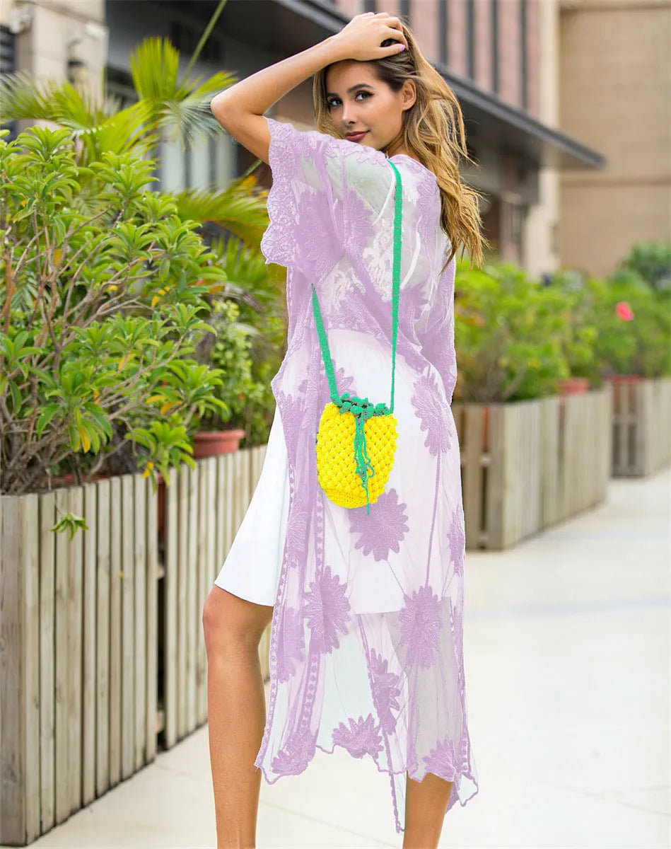 Light purple lace embroidery beach dress with cotton lining for swimming activities