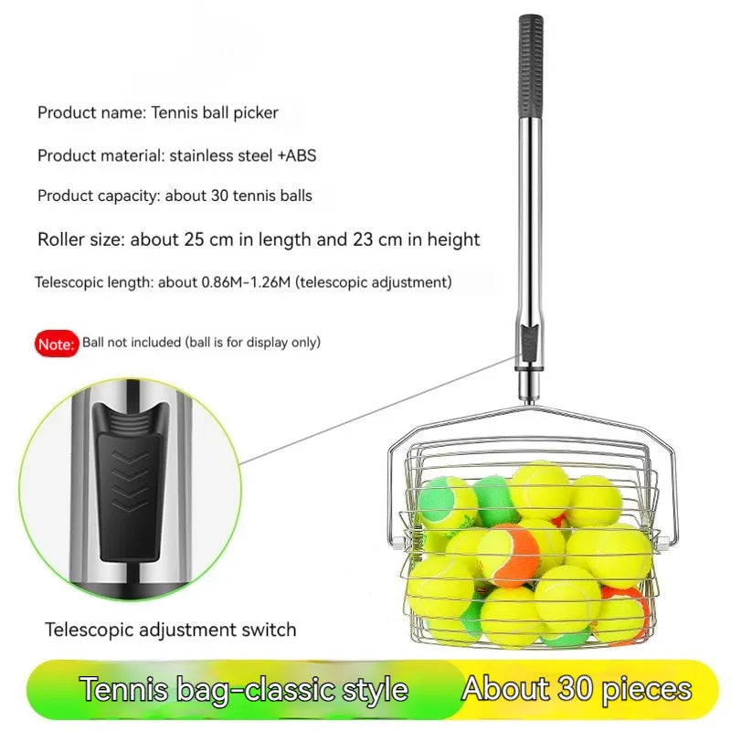 Stainless steel rolling tennis ball picker on a court, showing large adjustable frame.