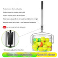 Stainless steel rolling tennis ball picker on a court, showing large adjustable frame.
