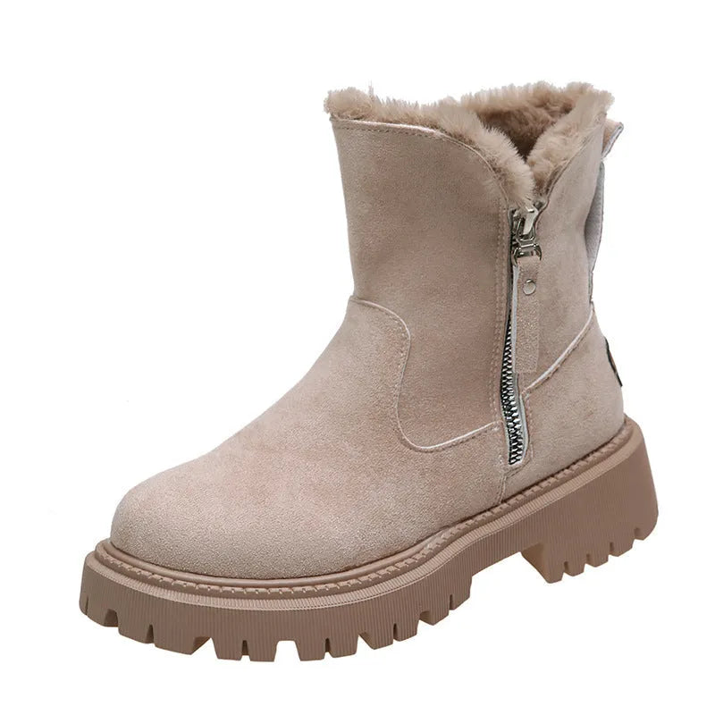 Women's black snow boots with high-top design, side zipper, and non-slip rubber sole for winter