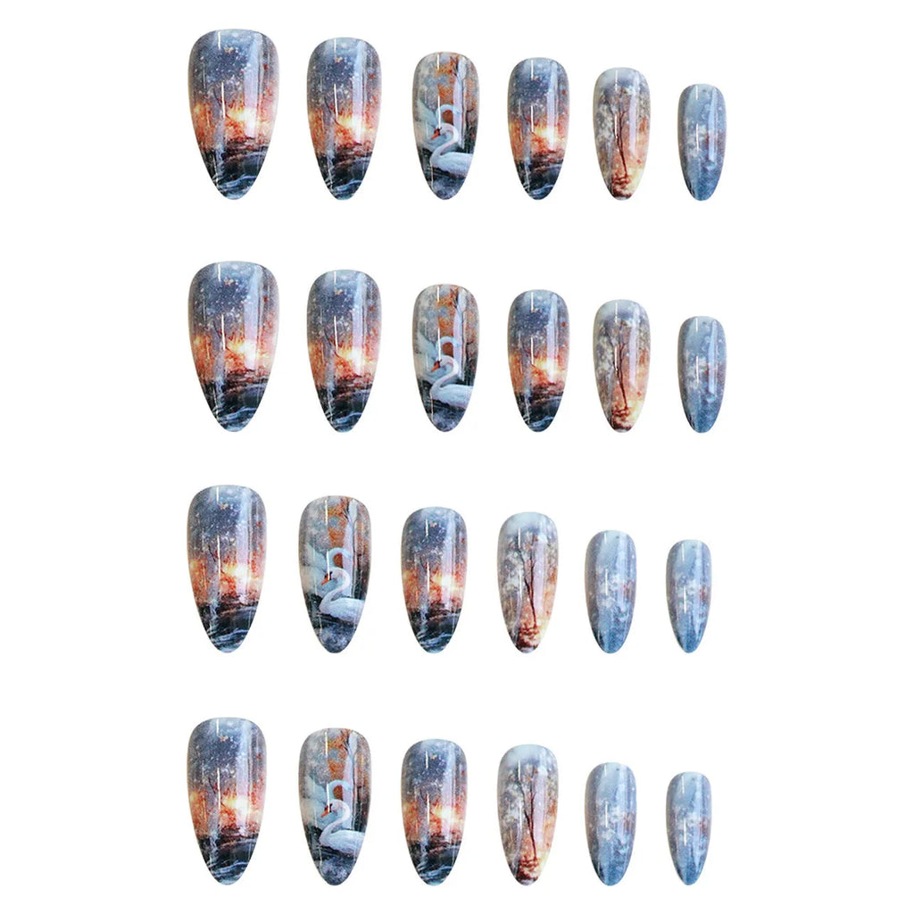WM-43 Swan Lake Dance medium almond fake nails in starry sky pattern, glue type wearable plastic set for ladies