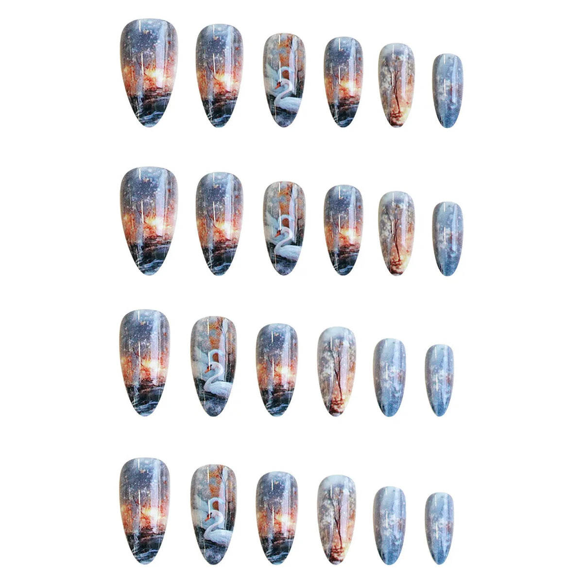 WM-43 Swan Lake Dance medium almond fake nails in starry sky pattern, glue type wearable plastic set for ladies
