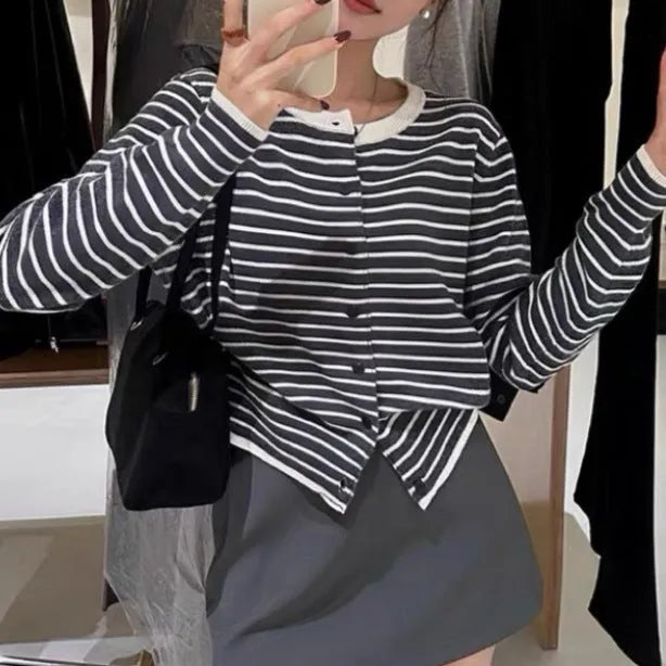 Women's dark grey and white striped French-style cardigan coat with 40cm length and slim fit