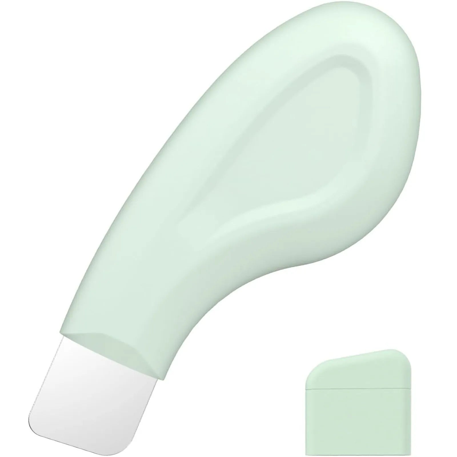 Close-up of a stainless steel blackhead scraper tool with a non-slip handle on a bathroom counter.