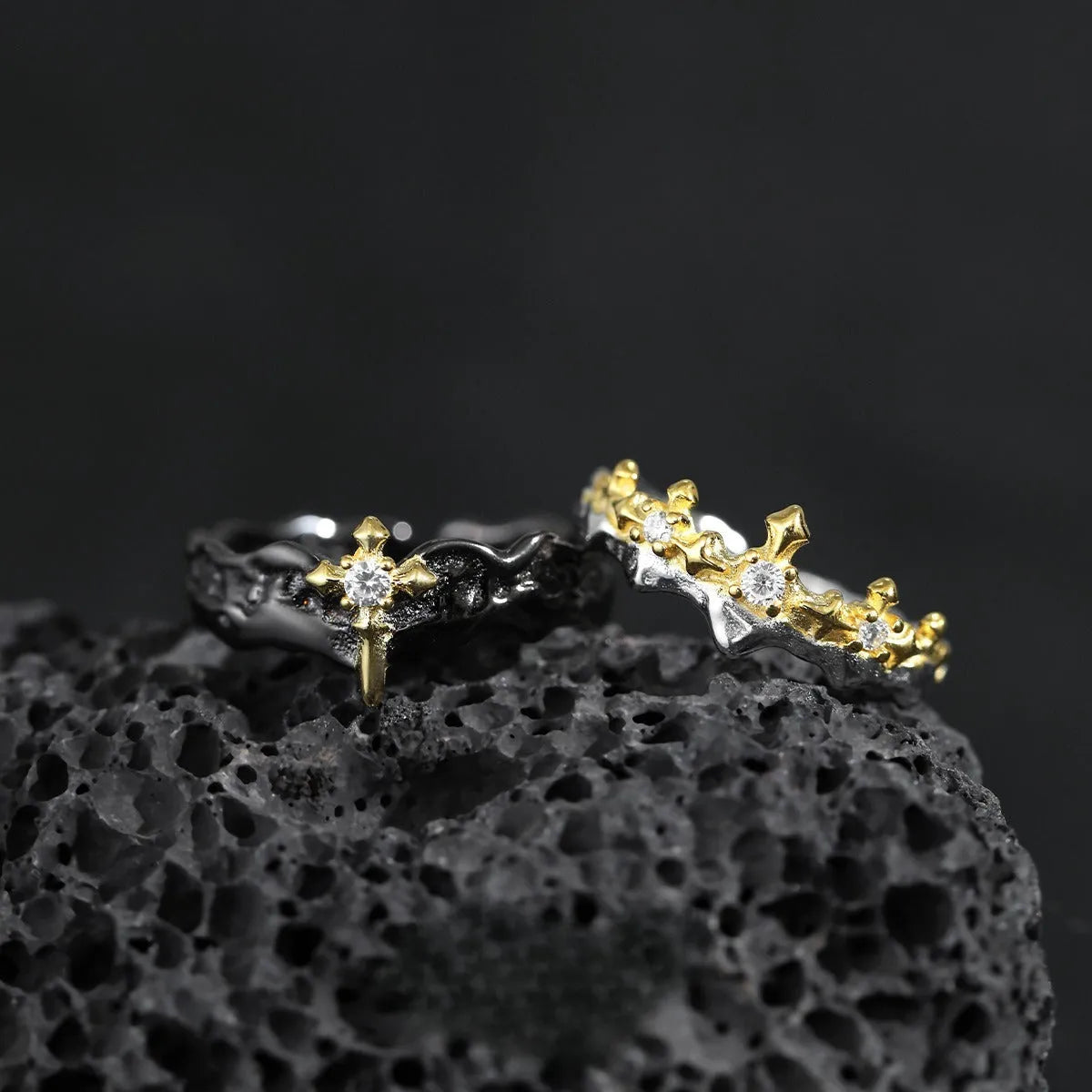 Adjustable opening silver couple ring with electroplated white gold or black gold finish, showing original design