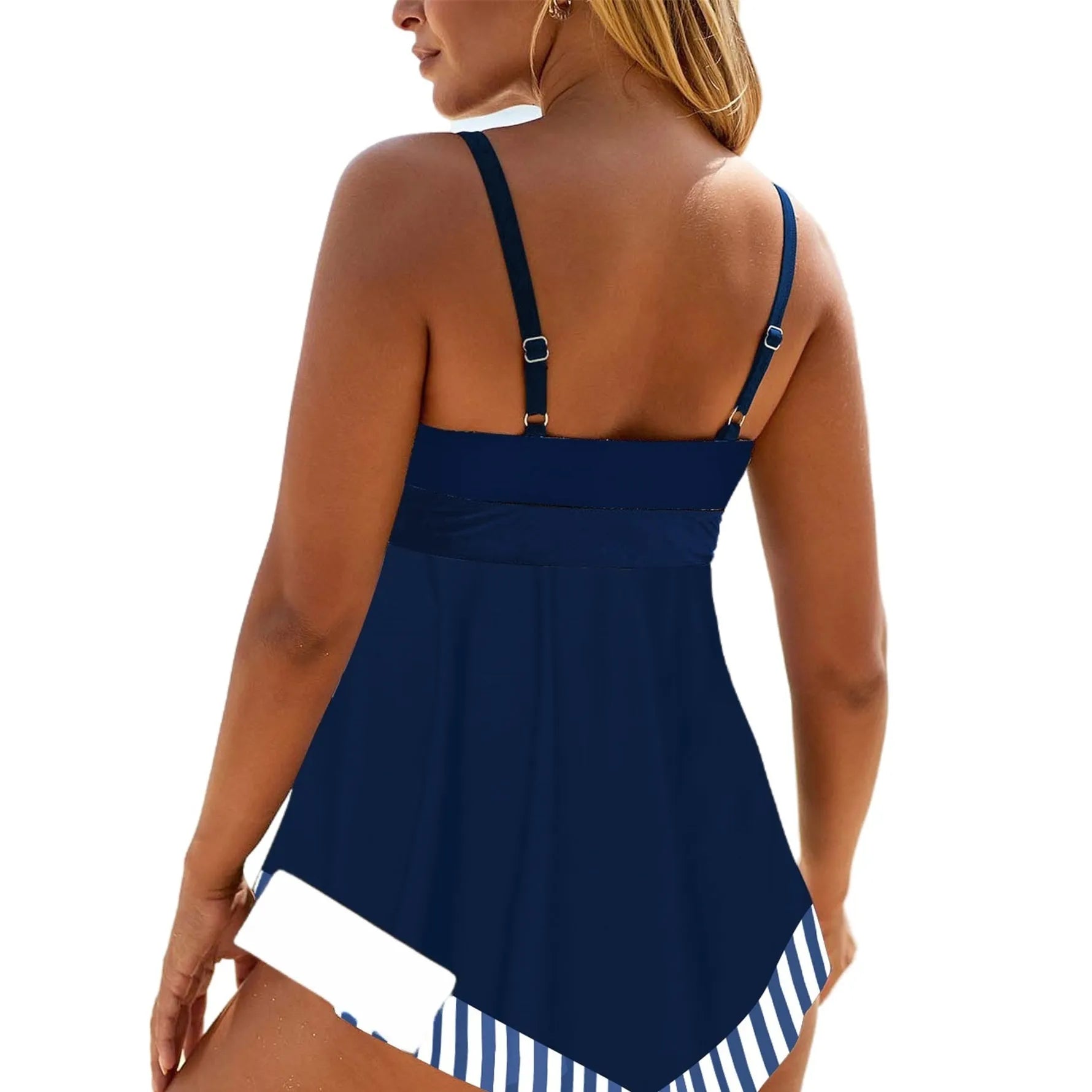 Plus size quick-drying two-piece bikini swimsuit with backless design in blue colour