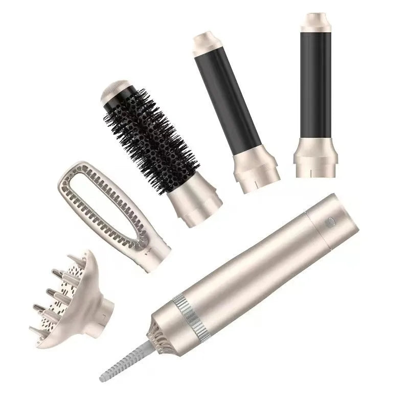 Champagne gold five-in-one hot air comb hair curler and straightener styling tool.