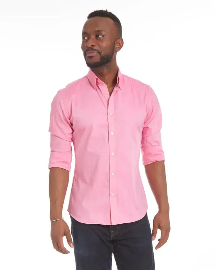 Men's long sleeve zip shirt with button-design collar, slim fit cotton fabric, available in eight colours and sizes XS to XXXL