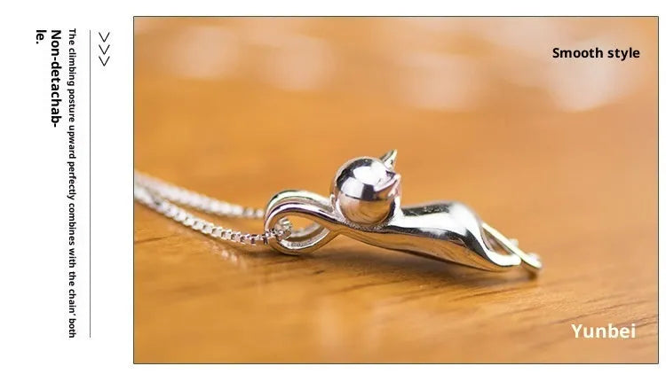 S925 sterling silver cat necklace with box chain, available in frosted or glossy finish