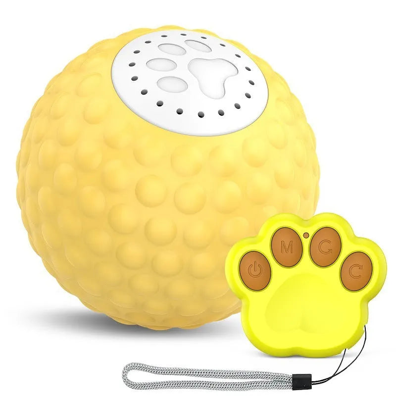 Remote-controlled cat toy ball measuring 8cm diameter with blue colour option and separate remote control unit