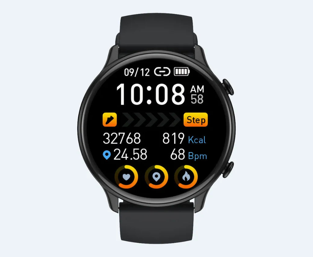 Round black smart sports watch with full touch screen and silicone strap on a wrist.