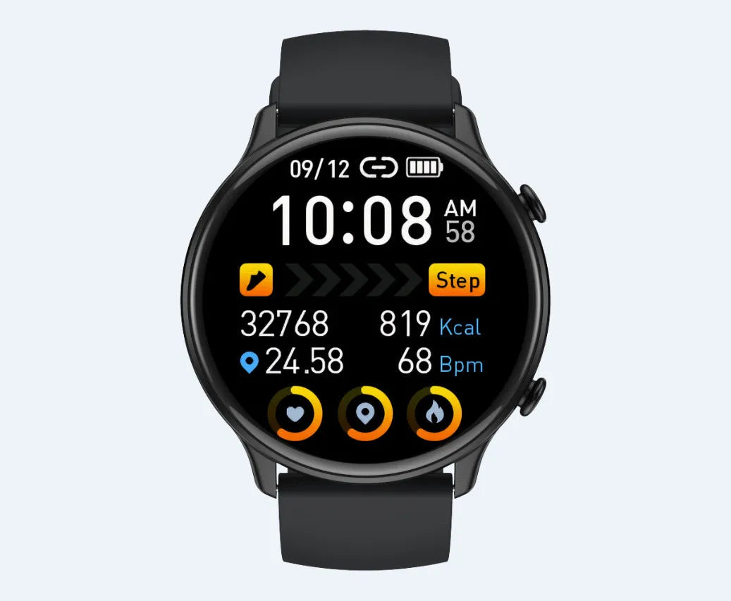 Round black smart sports watch with full touch screen and silicone strap on a wrist.