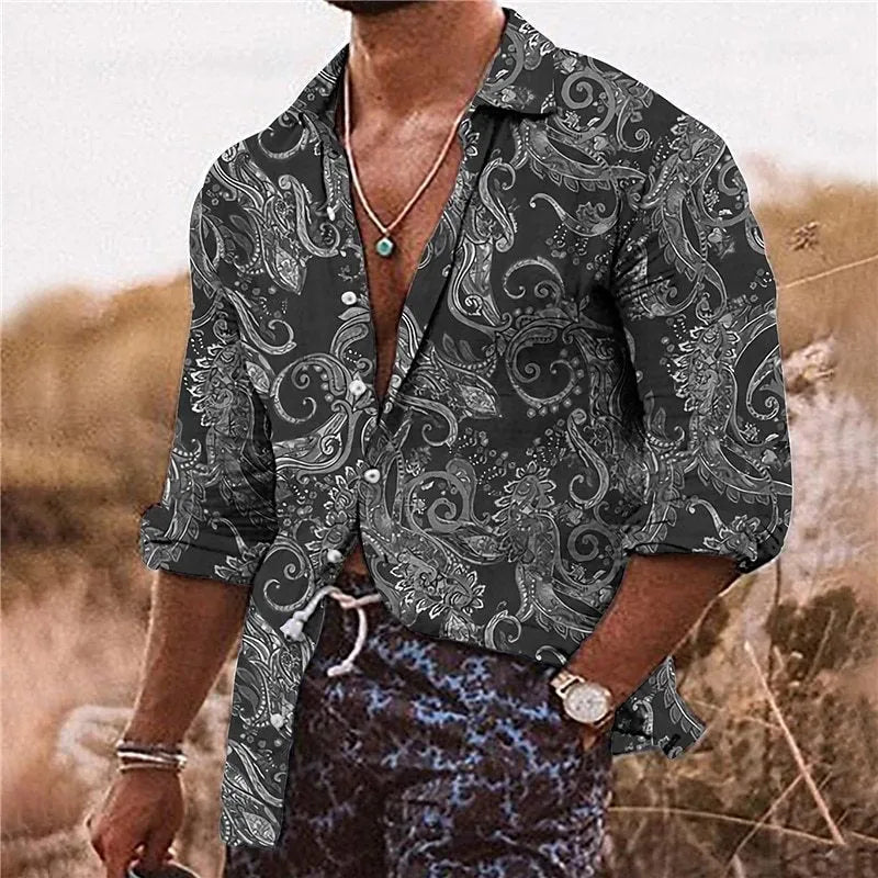Man wearing a loose-fit long-sleeved shirt with a detailed 3D floral pattern print.