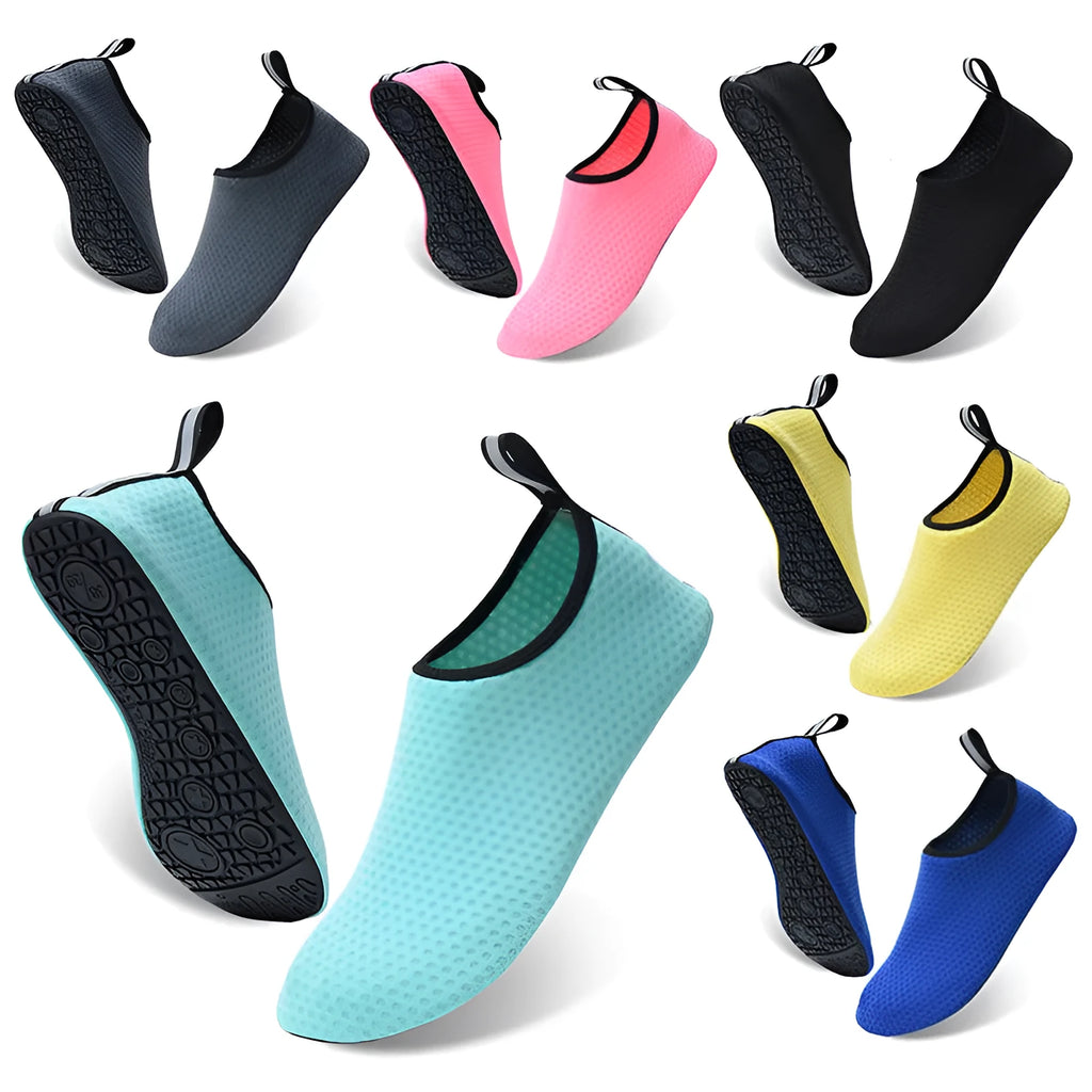 A pair of casual low-top beach shoes with a mesh upper, elastic band, and non-slip TPR outsole.