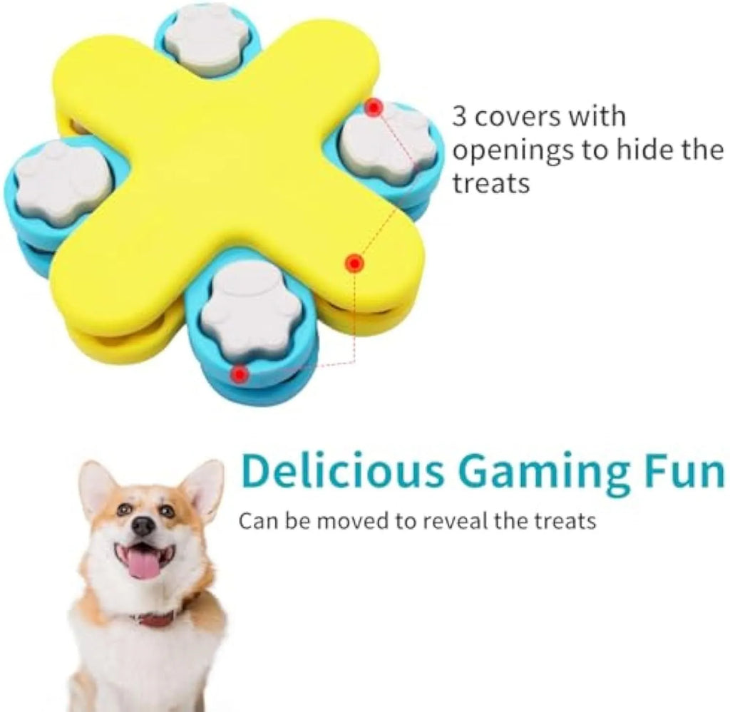 Yellow dog puzzle feeder with three rotating layers and claw-shaped lids for interactive feeding