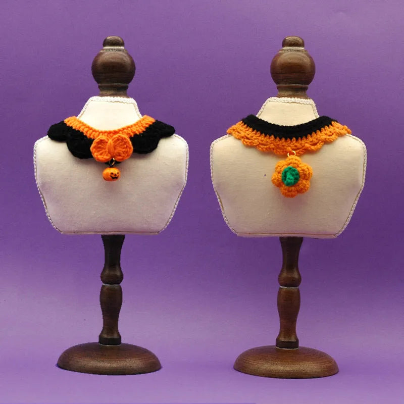 Hand-crocheted wool Halloween pet collar for cats and dogs in pumpkin colours with adjustable sizing