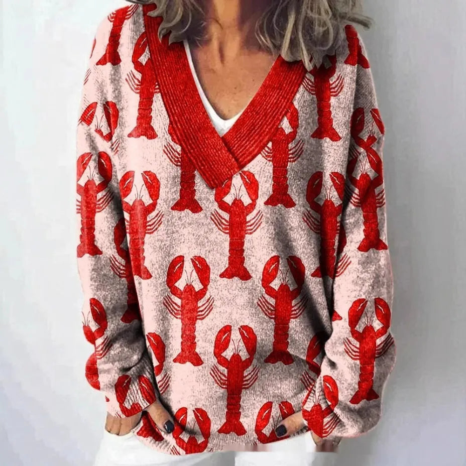 Women's floral pattern V-neck sweatshirt with 3D effect design in art retro style