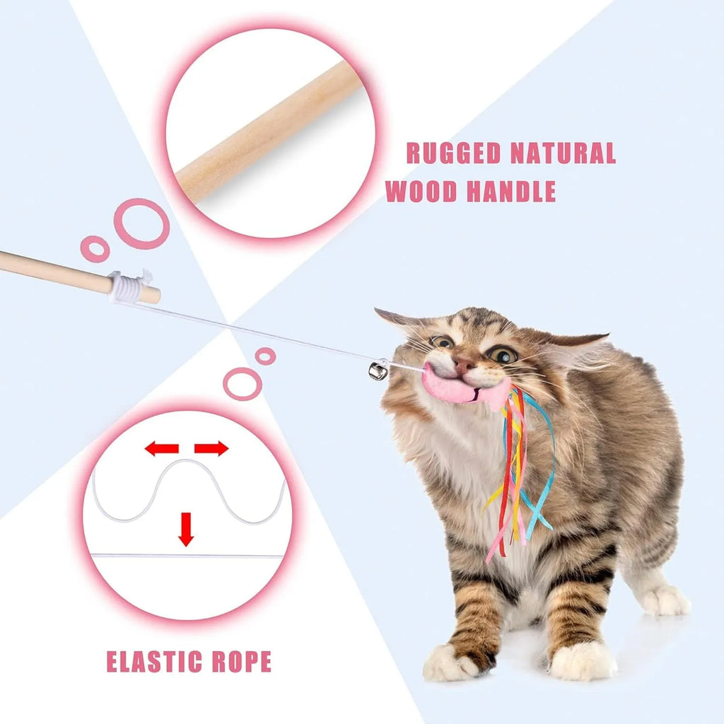 Cat wand toy with wooden handle, colourful ribbons, catnip attachment, and bell for interactive feline play