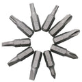 L-shaped double-headed steel socket wrench with ten hex screwdriver bits laid out.