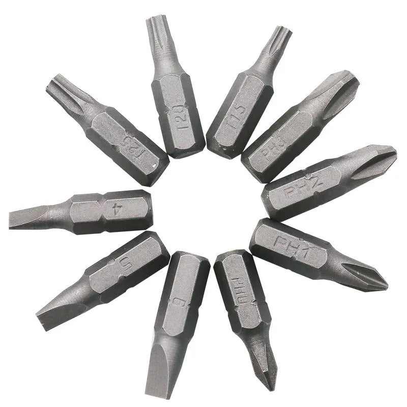 L-shaped double-headed steel socket wrench with ten hex screwdriver bits laid out.