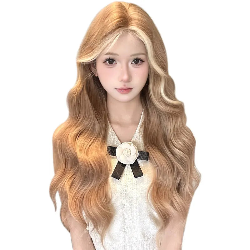 Long curly lace front wig in American highlight gold colour on display