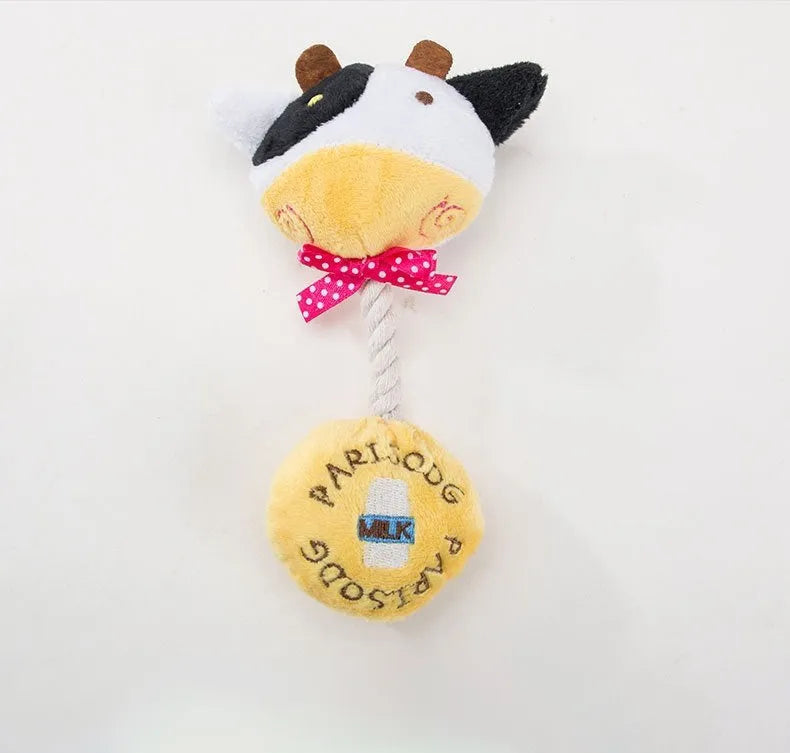 Plush dog toys with animal designs including frog, elephant, cow and bear with cotton rope sections