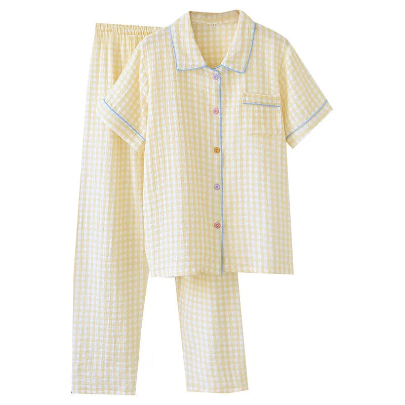 Washed cotton double-layer gauze trousers with three-quarter sleeves in Flower Sea or Yellow Plaid colours