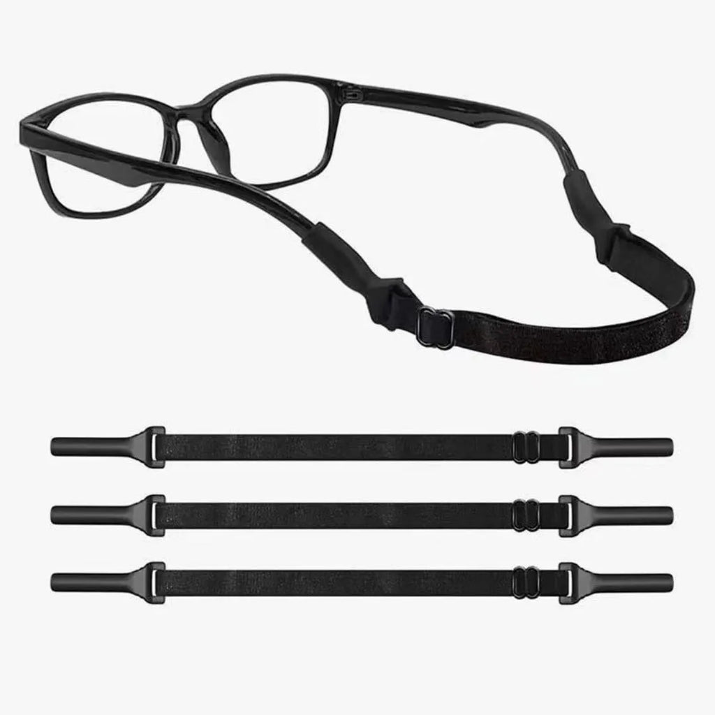 Black adjustable glasses cord with silicone earpiece tips on spectacles