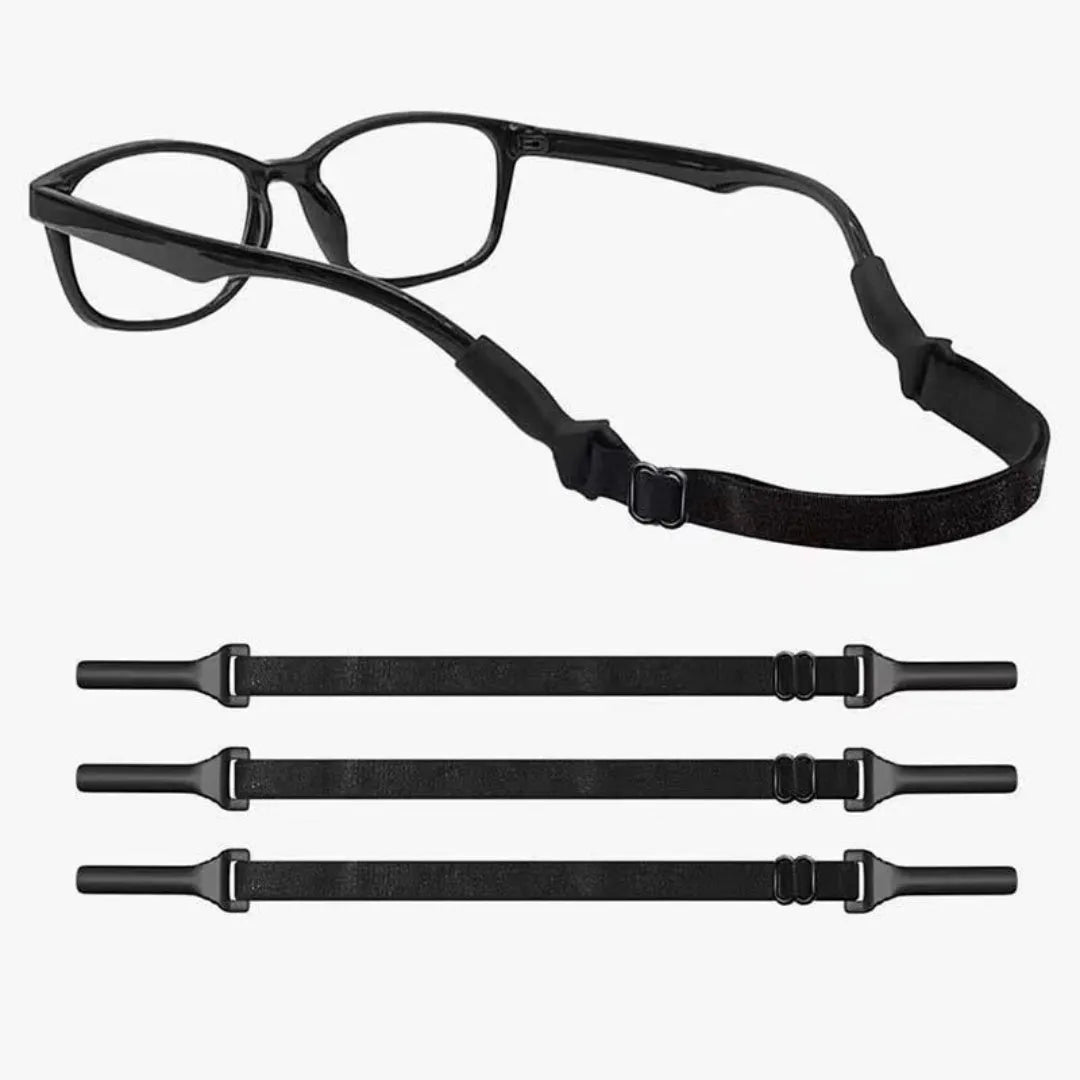 Black adjustable glasses cord with silicone earpiece tips on spectacles
