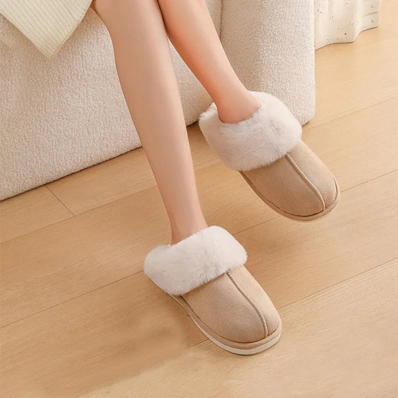 Women's brown plush indoor slippers with round toe, flat heel, and anti-slip PVC sole.