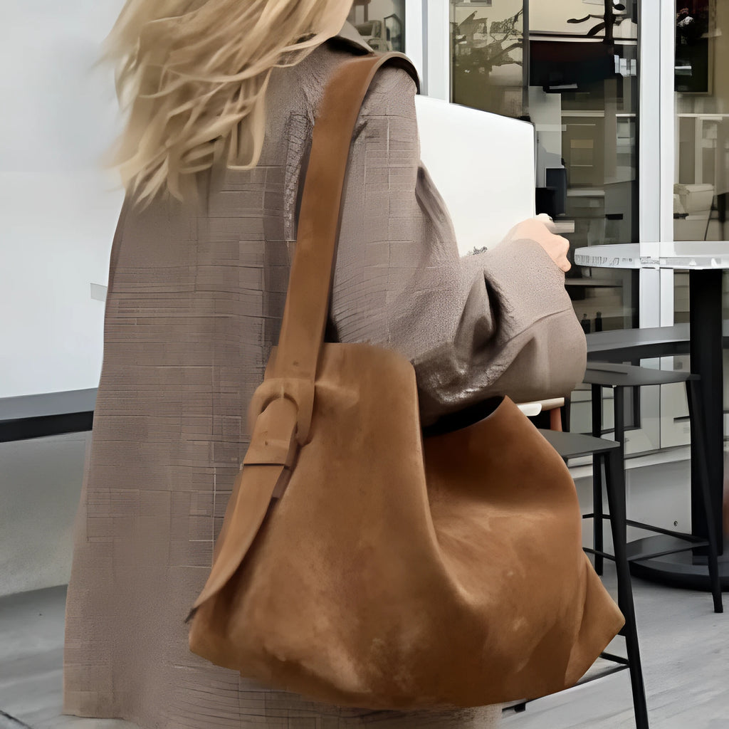 Brown velvet bucket shoulder bag for women with slit pocket, 40 x 15 x 25cm