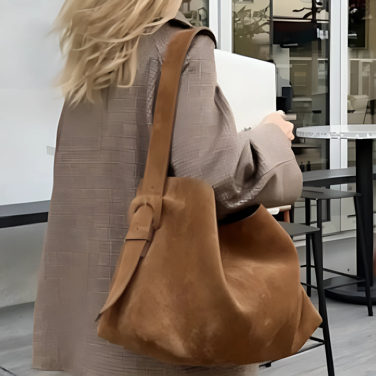 Brown velvet bucket shoulder bag for women with slit pocket, 40 x 15 x 25cm
