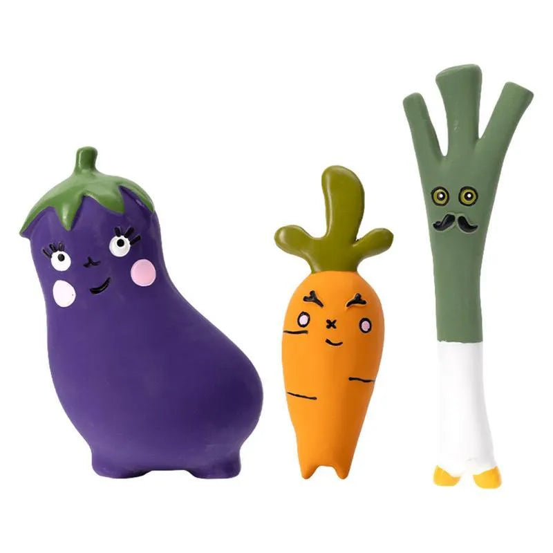Latex vegetable dog chew toy with cartoon onion and eggplant design measuring 7x5x13cm