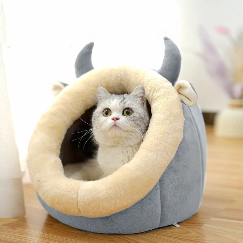 Grey enclosed cat house bed in Ox horn or Rabbit Nest shape, M L XL sizes for 3-25 kg pets