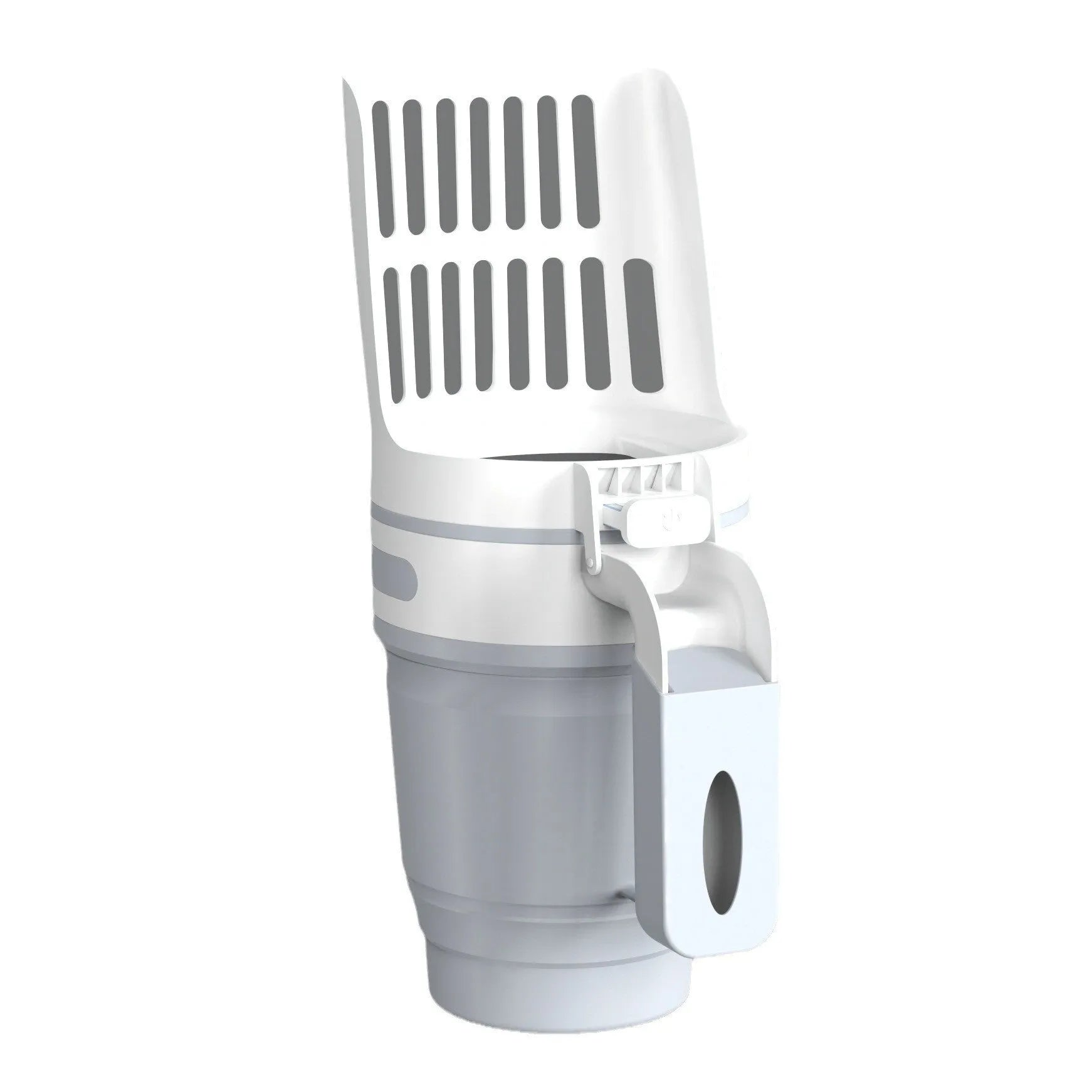 Grey foldable cat litter scooper and waste bin system with a handle and sheltered lid.