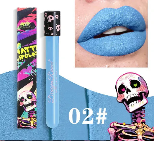 Halloween retro matte lip gloss in test tube skull applicator with gold and silver shades