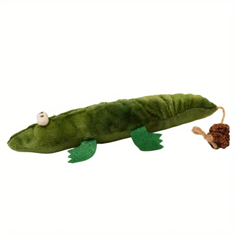 Green plush alligator catnip toy measuring 25cm long with detailed stitching and plant-based materials