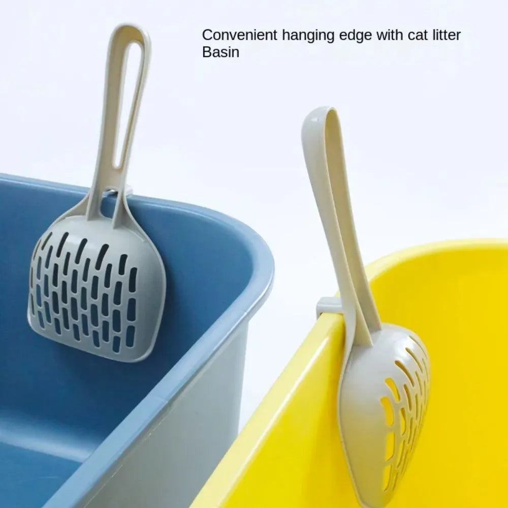 Gray plastic cat litter scoop with integrated base, showing 5mm sieve spacing and 30cm handle length