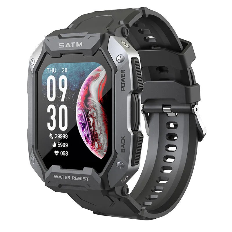 Silicone wristband smartwatch showing 45mm display with health metrics, 210mm strap length, available in camouflage and solid colour options
