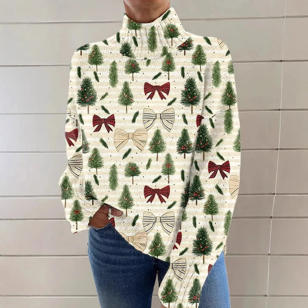 Women's loose-fit Christmas printed turtleneck sweater in macaron colours with painting pattern and long sleeves