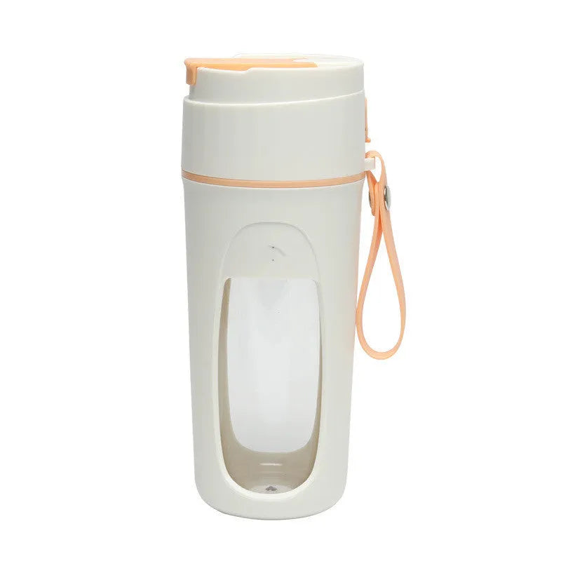 Portable USB charging electric blender cup in grass green, light purple, and fresh orange colours.