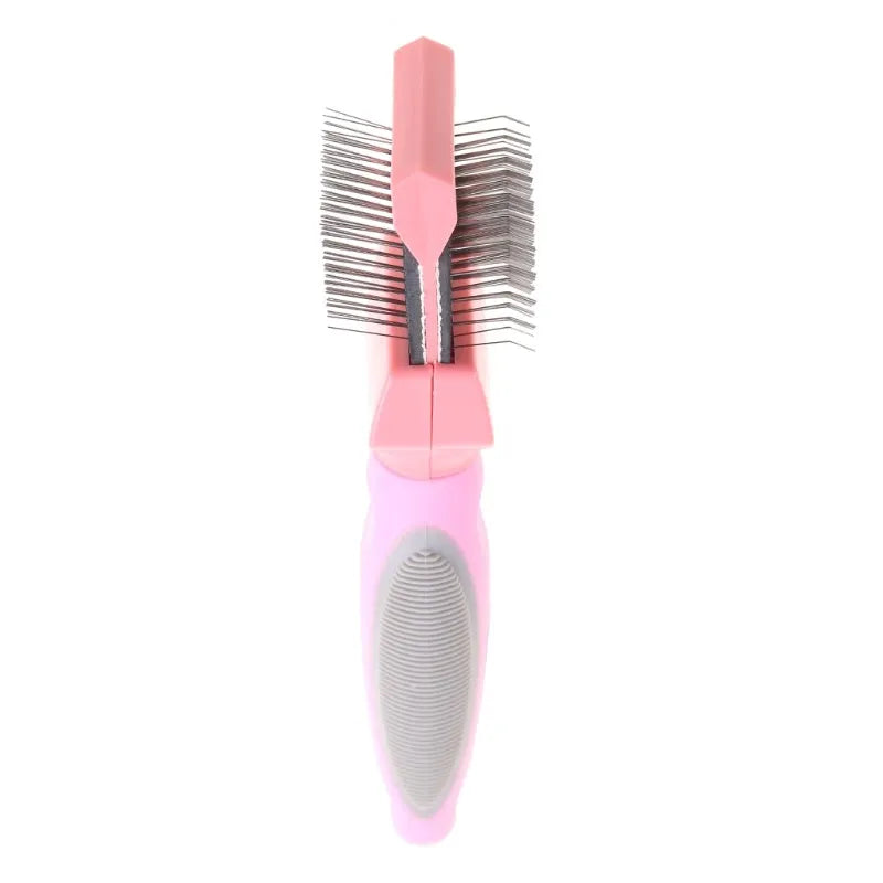 Double-sided pet brush with stainless steel pins and blue ergonomic handle for grooming dogs and cats