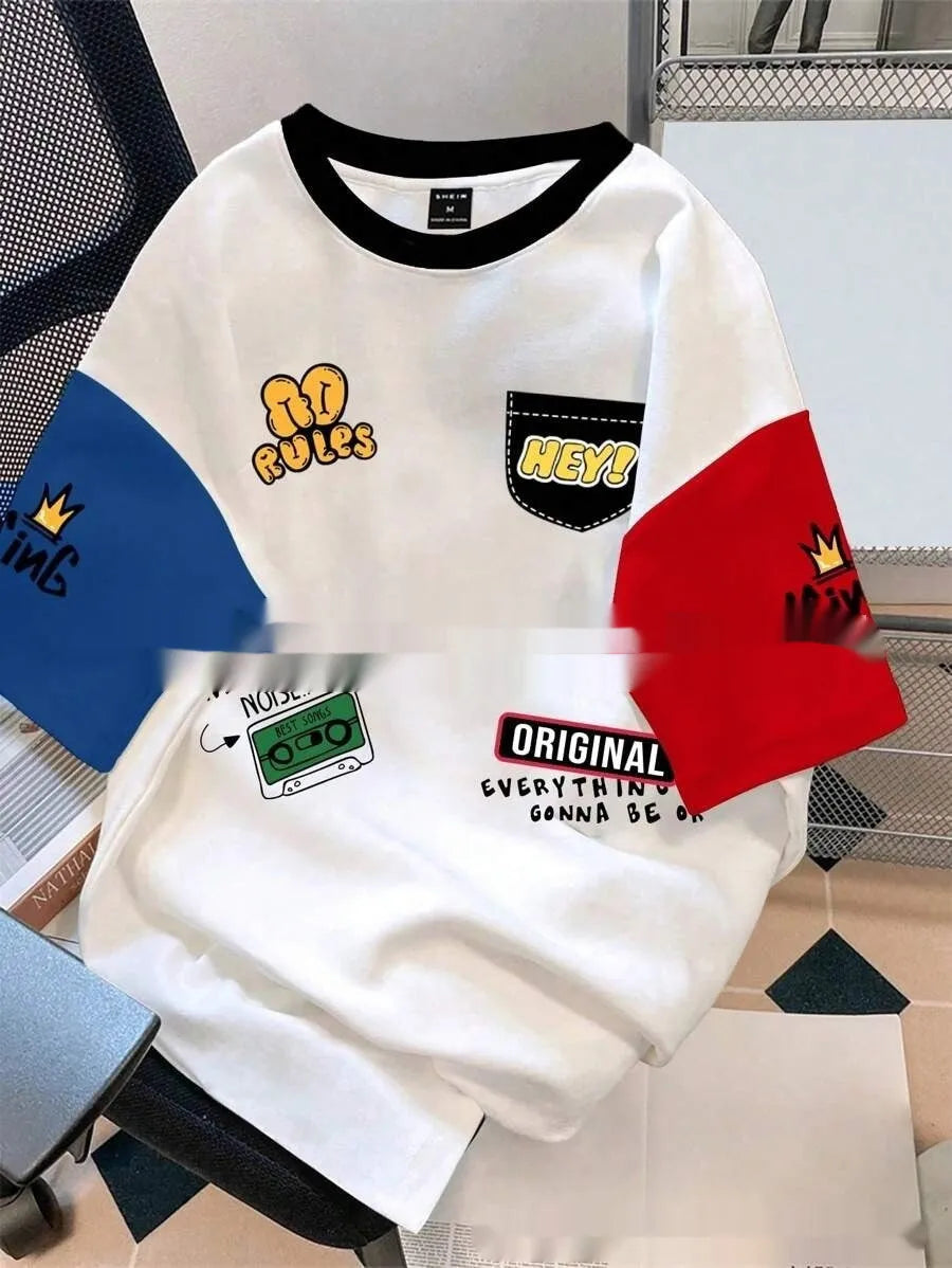 Printed casual T-shirt with loose fit and digital letter design in multiple colour options