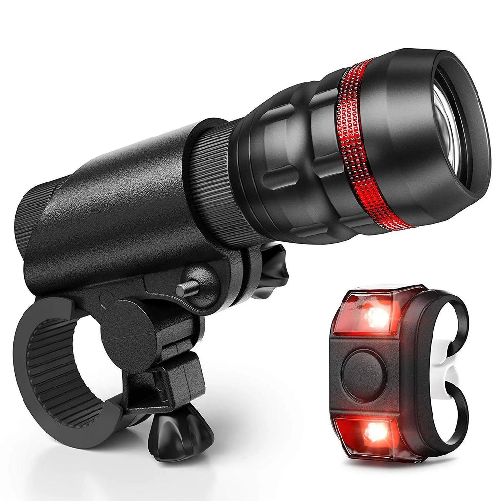 Bicycle headlights and taillights set with mounting bracket for secure attachment