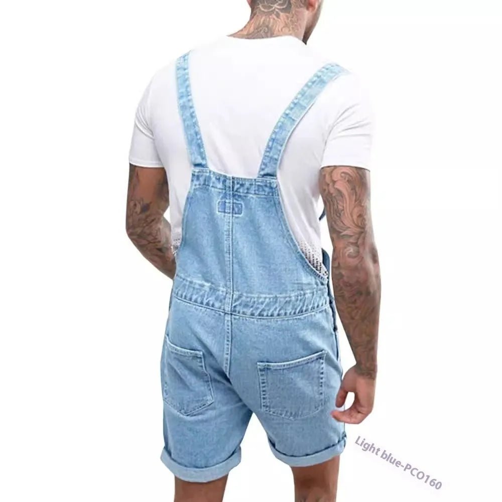 Youth denim suspender pants in black with elastic waist and suspender straps, shorts length with zipper fly