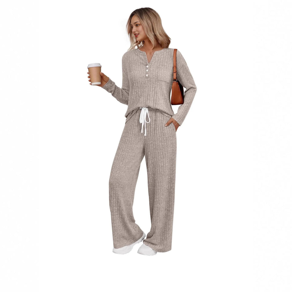 Women's knitted V-neck long coat with striped pattern and matching trousers in apricot colour