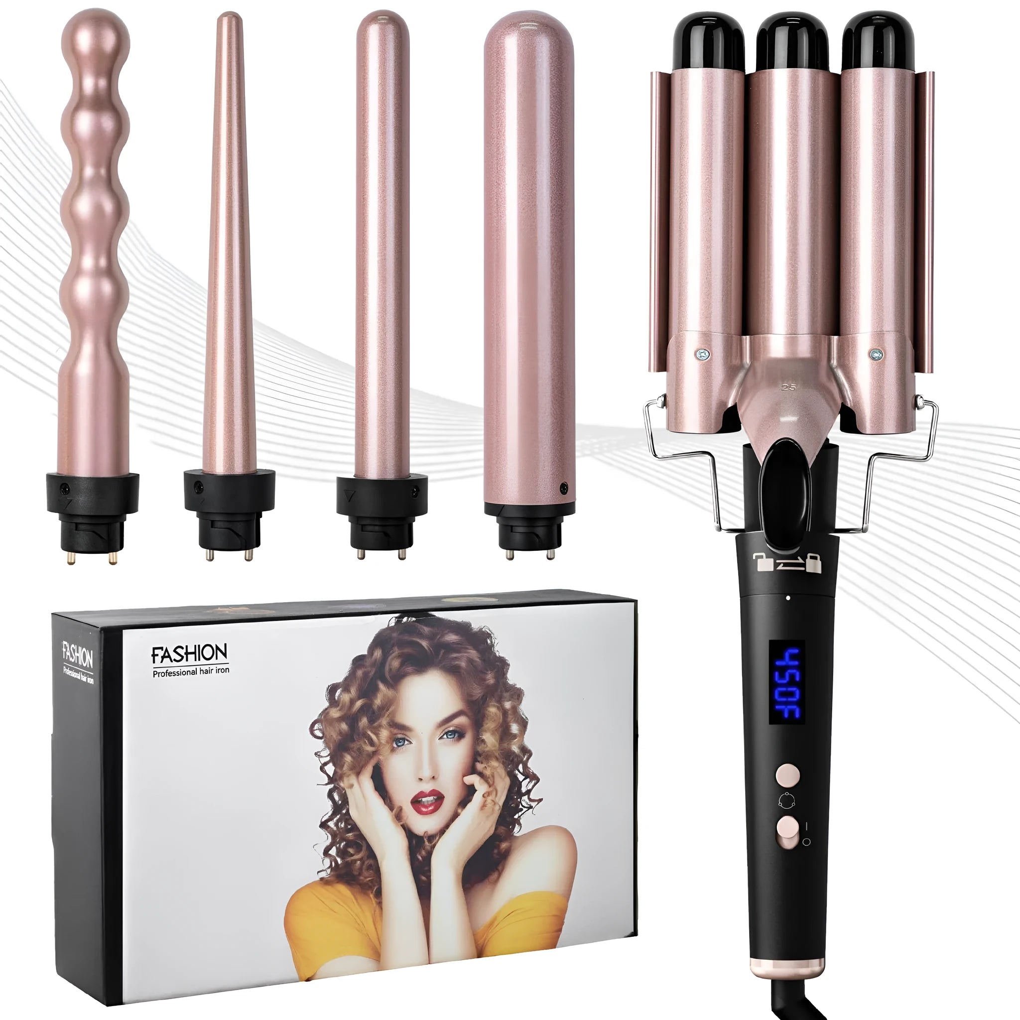 Rose gold five-in-one hair curler with LCD screen and multiple interchangeable curling tubes