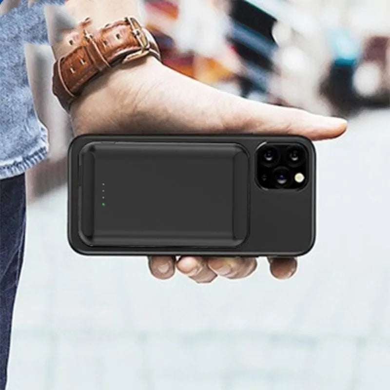 Magnetic wireless power bank measuring 85x55mm with 5000mAh capacity in multiple colour options
