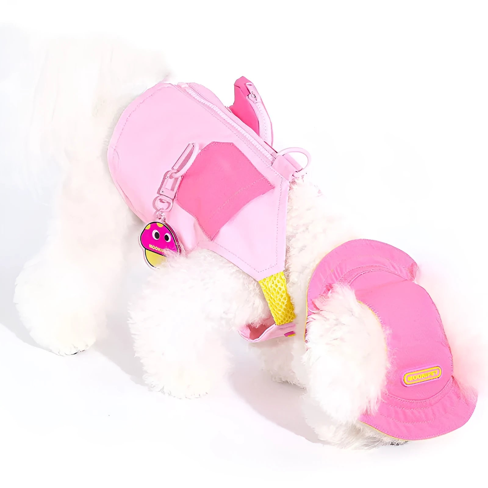 Pink dog traction vest harness for small breed dogs on a white background.